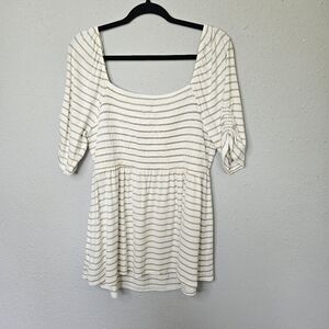 Isabel Maternity Smocked Peasant Shirt Womens XXL Short Sleeve Striped White‎